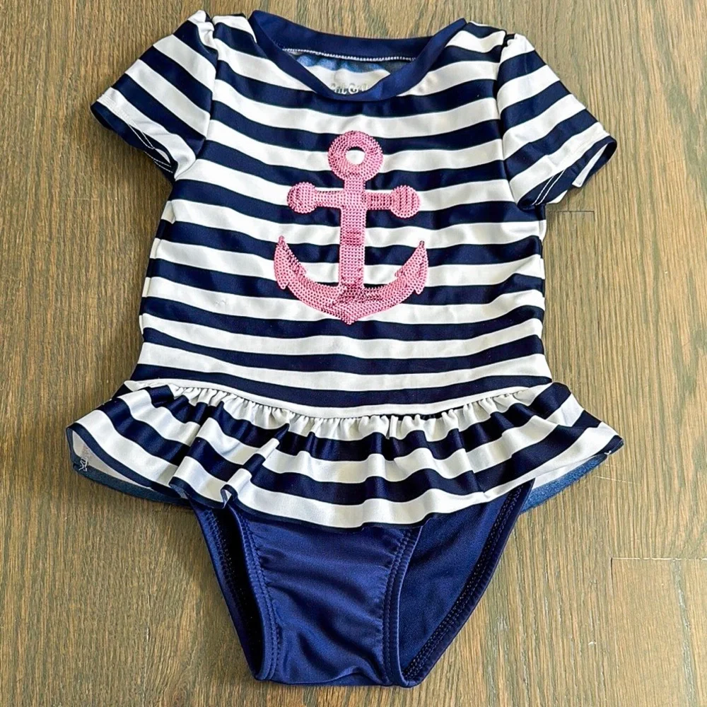 Cat & Jack Nautical Anchor Stripe 2-Piece Swimsuit Baby 18M